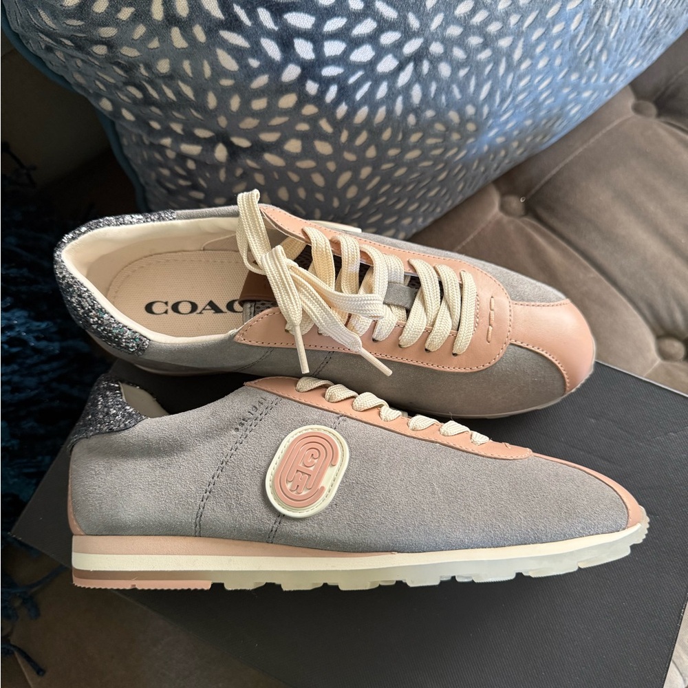 Coach Gray and Pink Retro Sneakers with Suede Finish